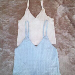 Pink Rose Smocked Cropped Tank Tops Set Cream & Baby Blue - Size XS
